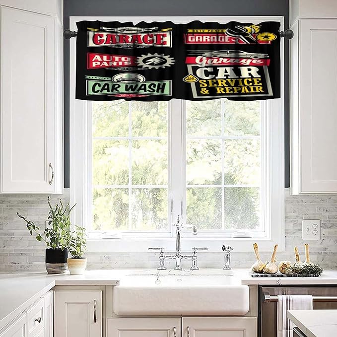 Car Repair Shop Logos Valance Curtain - Labels, Signs, Emblems, Stickers Collection for Garage, Service, Auto Parts, Wash - Short Curtains Valances for Home Decor With Rod Pocket