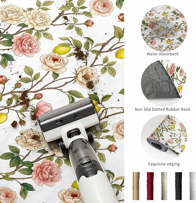 Area Rug 2x3ft, Country Blossom Flower Plant Washable Rugs for Living Room Bedroom, Summer Lemon Leaf Seamless Soft Non-Slip Area Rugs Rectangle Floor Carpet for Dining Room