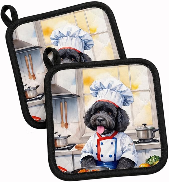 Caroline's Treasures Portuguese Water Dog The Chef Pair of Pot Holders Kitchen Heat Resistant Pot Holders Sets Oven Hot Pads for Cooking Baking BBQ, 7 1/2 x 7 1/2