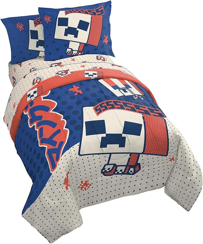 Jay Franco Minecraft Creeper Full Size Comforter Set - 7 Piece Bedding Includes Sheet Set & Pillow Covers - Super Soft Red & Blue Oishi Market Kids Bedding