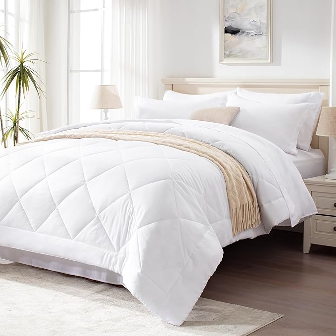 Love's cabin Twin XL Comforter Set White, 5 Pieces Twin XL Bed in a Bag, All Season Bedding Sets with 1 Comforter, 1 Flat Sheet, 1 Fitted Sheet, 1 Pillowcase and 1 Pillow Sham | Soft, Breathable, Lightweight, Comfortable