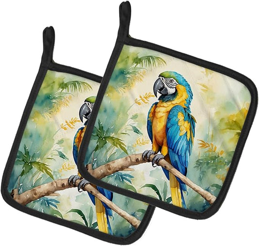 Caroline's Treasures Blue and Gold Macaw Pair of Pot Holders Kitchen Heat Resistant Pot Holders Sets Oven Hot Pads for Cooking Baking BBQ, 7 1/2 x 7 1/2