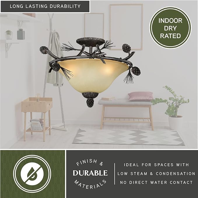 VAXCEL Sierra 18-in W Bronze Rustic Pinecone Bowl Semi Flush Mount Ceiling Light Cream Glass