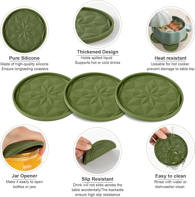 OIAHOMY 8 Pcs Coasters with Holder for Beer, Coffee, Silicone Coaster Set for Table Decor for Kitchen, Bar, Dining Room, Living Room, Housewarming Gifts - Green