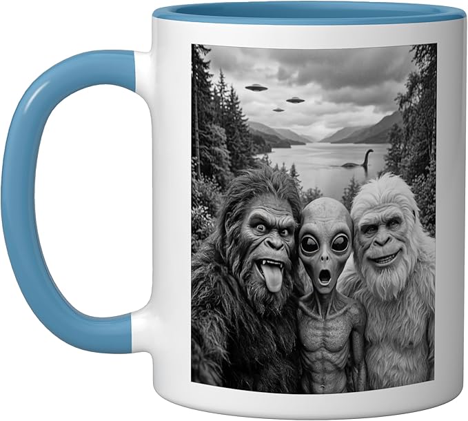 Bigfoot Alien Loch Ness Monster UFO Selfie Funny Cryptid Art Ceramic Mug, Blue/White