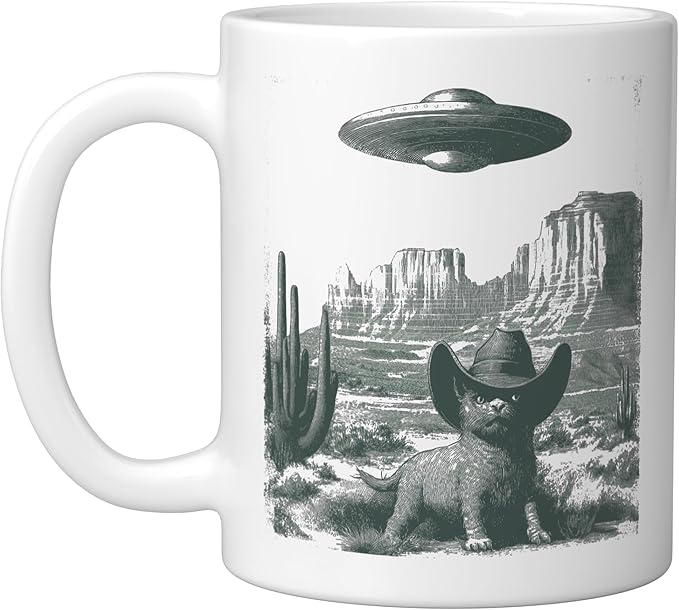 Desert Cat in Hat UFO Encounter Vintage Engraving Ceramic Mug, White