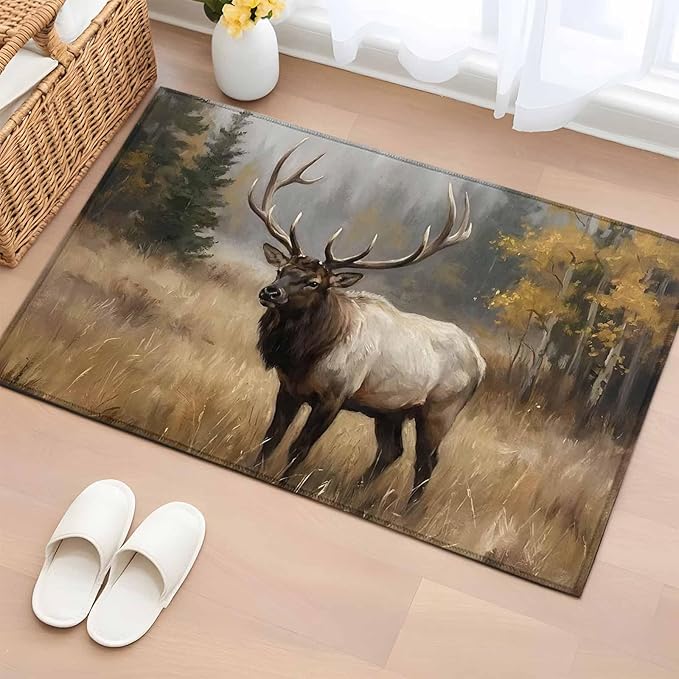 Area Rug 2x3ft, Brown Animals Elk Washable Rugs for Living Room Bedroom, Retro Forest Landscape Soft Non-Slip Area Rugs Rectangle Floor Carpet for Dining Room