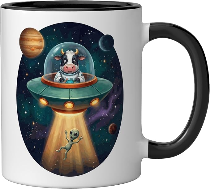 Fuuny Cow Astronaut UFO Abducting Alien Space Farm Ceramic Mug, Black/White