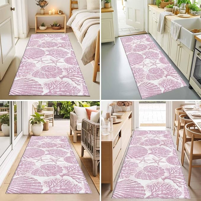 Runner Rug for Bedroom Hallway, Watercolor Summer Marine Creature Kitchen Runner Rugs Area Rug 2x6ft, Pink Starfish Shell Conch Washable Soft Floor Carpet for Entryway Stair