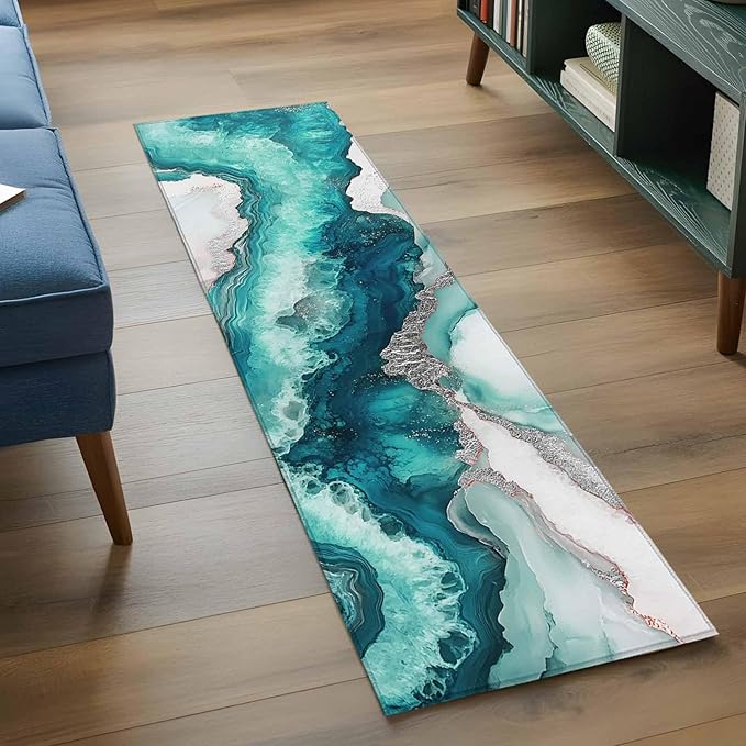 Runner Rug for Bedroom Hallway, Abstract Blue Marble Texture Kitchen Runner Rugs Area Rug 2x6ft, Modern Luxury Pattern Washable Soft Floor Carpet for Entryway Stair