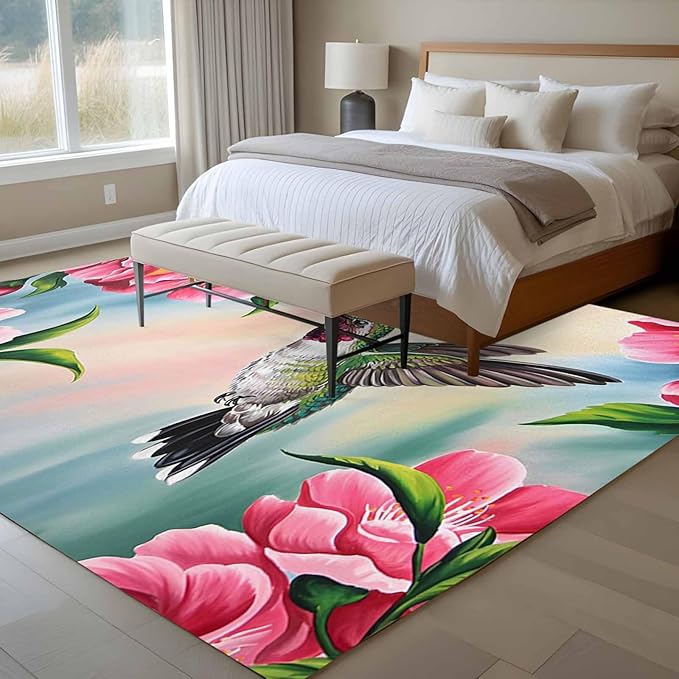 Area Rug 6x9ft, Hummingbird Flower Peach Blossom Washable Rugs for Living Room Bedroom, Nature Oil Painting Art Soft Non-Slip Area Rugs Rectangle Floor Carpet for Dining Room