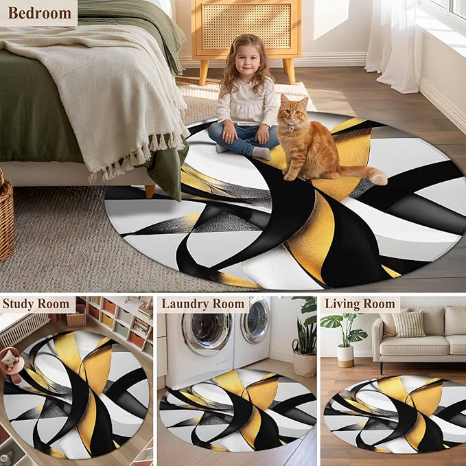 Washable Round Area Rug Modern Geometric Stripe Texture Circle Rugs Floor Carpet for Living Room Bedroom, Abstract Gold Black White Line Soft Non Slip Round Rug 3ft