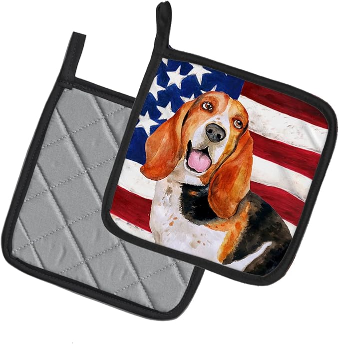 Caroline's Treasures BB9704PTHD Basset Hound Patriotic Pair of Pot Holders Kitchen Heat Resistant Pot Holders Sets Oven Hot Pads for Cooking Baking BBQ, 7 1/2 x 7 1/2