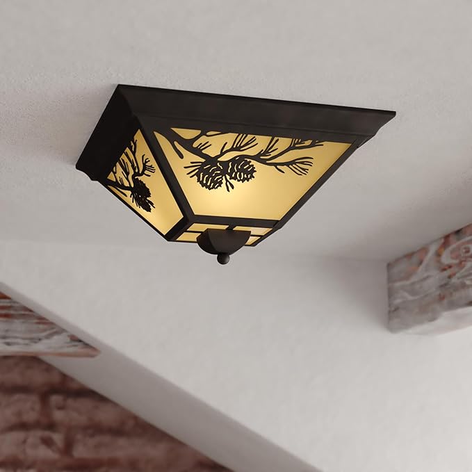 VAXCEL Douglas Warm Bronze Rustic Outdoor Flush Mount Ceiling Light Pine Cone Motif Amber Glass