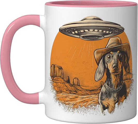 Retro Western UFO Dachshund Cowboy Alien Sci Fi Desert Ceramic Mug, Pink/White