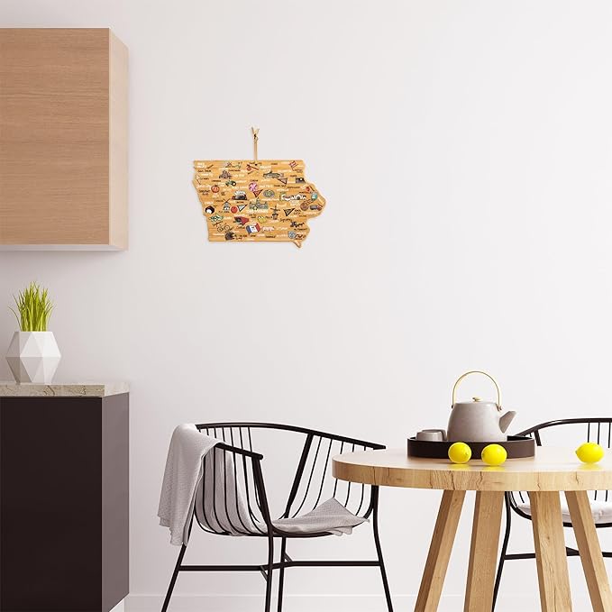 Totally Bamboo Iowa State Shaped Cutting Board and Charcuterie Serving Platter with Artwork by Fish Kiss, Includes Hang Tie for Wall Display