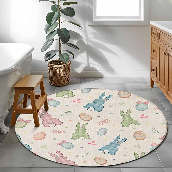 Washable Round Area Rug Happy Easter Cute Plaid Bunny Circle Rugs Floor Carpet for Living Room Bedroom, Colorful Egg Leaves Farm Linen Soft Non Slip Round Rug 4ft