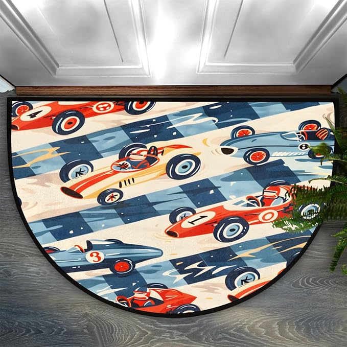 Race Car Racing Half-Round Door Mat | Indoor Entrance Half-Moon Rug | Low-Pile | Area Rug, Non-Slip, Absorbent Semi-Circle Welcome Mats for Kitchen, Patio, and Home Decor | 36x24 Inches