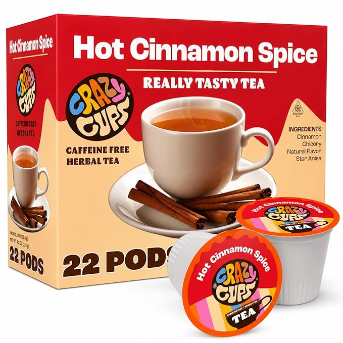 Crazy Cups Hot Cinnamon Spice Herbal Tea Pods, 22 Count | Caffeine Free, Kosher Certified, Warming Cinnamon & Star Anise Blend, K Cup Compatible Pods, Bold Spiced Flavor, Gluten Free, Vegan, Hot or Iced Herbal Tea