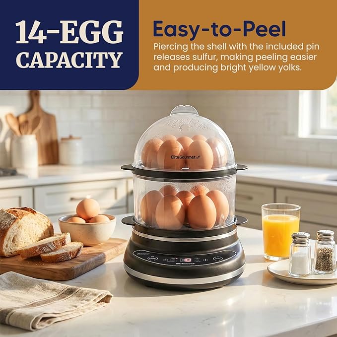 Elite Gourmet EGC314CB Digital Easy Egg Cooker Food Steamer, Poacher, Omelet, Soft, Medium, Hard-Boiled Egg with 6 Programmed Preset Functions, 2-Tiers, Measuring Cup, 14 egg capacity, Black