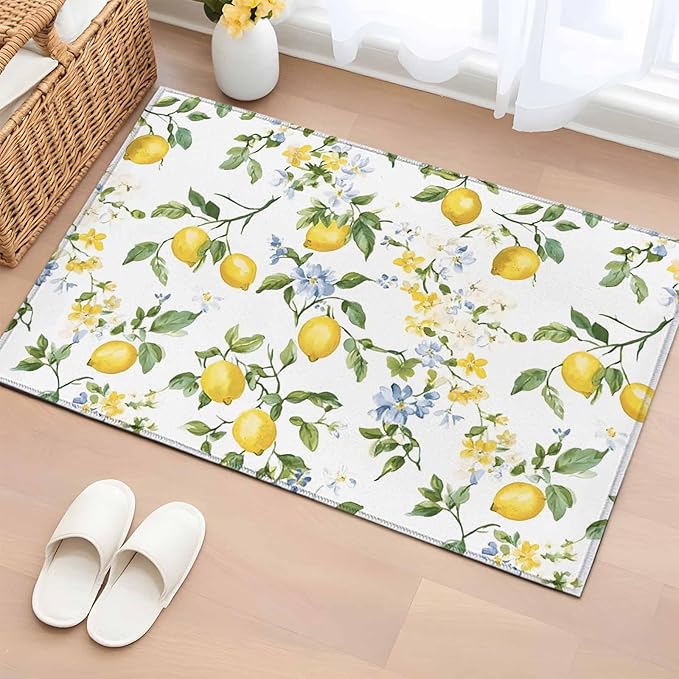 Area Rug 2x3ft, Summer Watercolor Lemon Flower Washable Rugs for Living Room Bedroom, Spring Farm Fruit Green Leaf Soft Non-Slip Area Rugs Rectangle Floor Carpet for Dining Room