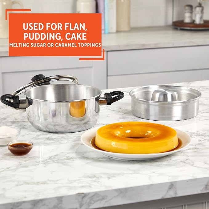 IMUSA 8in Small Aluminum Flan Double Boiler Baño Maria with Lid, 3Qt Dessert Pot for Flan, Custards, Pudding and Traditional Latin Recipes