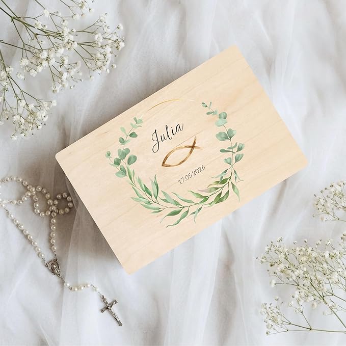 Creative Deco Personalised First Holy Communion/Confirmation Gift for Girls or Boys - Wreath | Custom Boxes | Customised Wooden Storage Box with Hinged Lid | Keepsake/Decoration