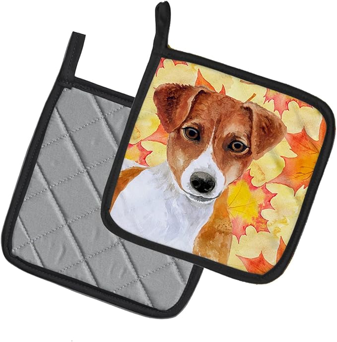 Caroline's Treasures BB9950PTHD Jack Russell Terrier Fall Pair of Pot Holders, Yellow Kitchen Heat Resistant Pot Holders Sets Oven Hot Pads for Cooking Baking BBQ, 7 1/2 x 7 1/2