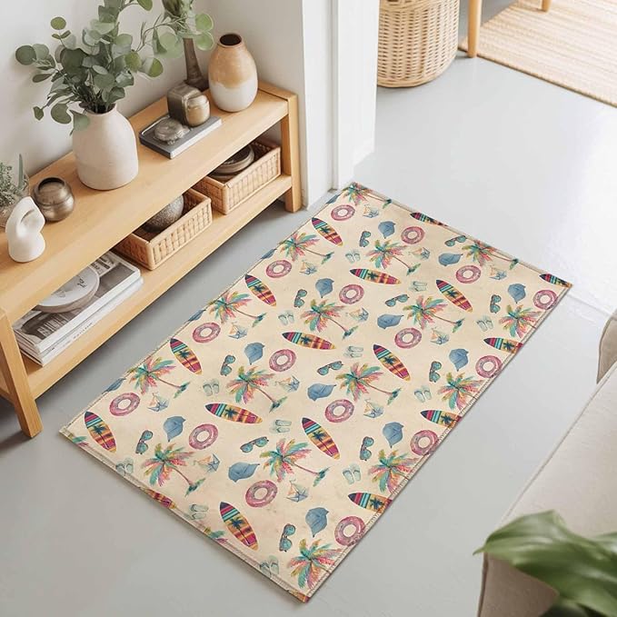 Area Rug 2x3ft, Summer Surfboard Coconut Tree Washable Rugs for Living Room Bedroom, Coastal Vintage Plants Soft Non-Slip Area Rugs Rectangle Floor Carpet for Dining Room