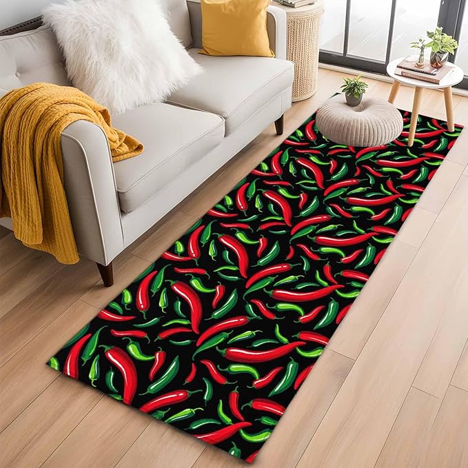 Runner Rug for Bedroom Hallway, Spicy Chili Pepper Pattern Kitchen Runner Rugs Area Rug 2x6ft, Red Green Peppers on Black Washable Soft Floor Carpet for Entryway Stair