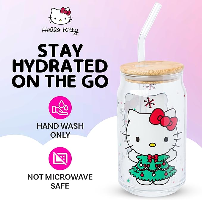 Silver Buffalo Sanrio Hello Kitty Holiday Glass Tumbler with Bamboo Lid and Glass Straw, 16 Ounces