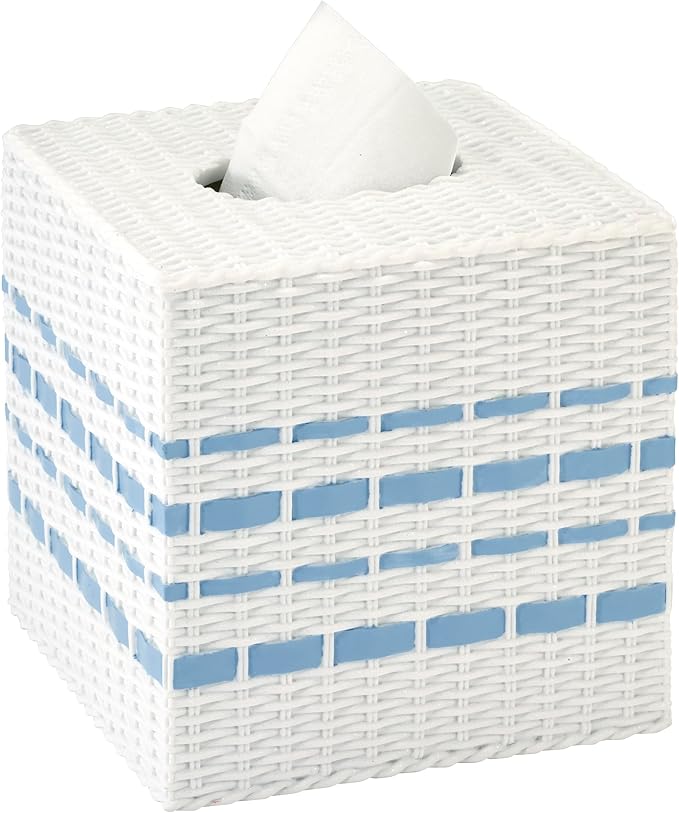 Izod – Tissue Box Cover, Wicker-Textured Hand-Painted Resin with Stripe Detail, Coastal Home Decor – Perfect for Bathrooms, Bedrooms, Kitchens or Offices (Savannah)