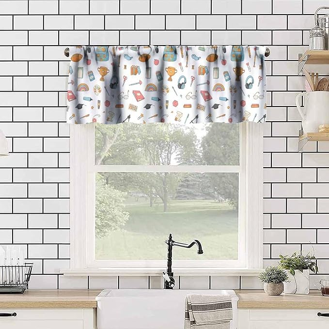 School Supplies Valance, Back to School Education Tools Short Rod Pocket Window Treatment for Kitchen Bedroom Study Room Classroom, 54x18Inch