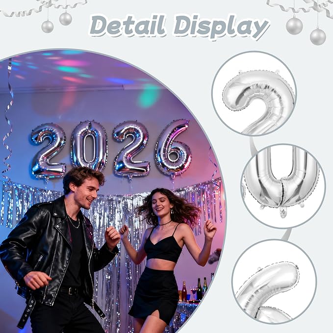 Silver 2026 Balloons, Jumbo 40 Inch Foil 2026 Number Balloons, Grad Balloons for Class of 2026 Graduation Party, Silver Matellic Foil New Year Birthday Home Office Party Supplies