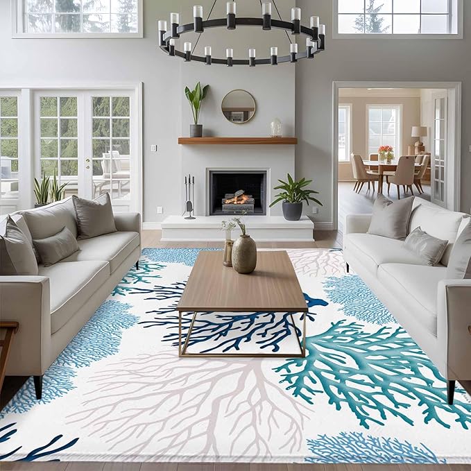 Area Rug 6x9ft, Classic Sea Blue Coral Washable Rugs for Living Room Bedroom, Abstract Marine Life Scenery Soft Non-Slip Area Rugs Rectangle Floor Carpet for Dining Room