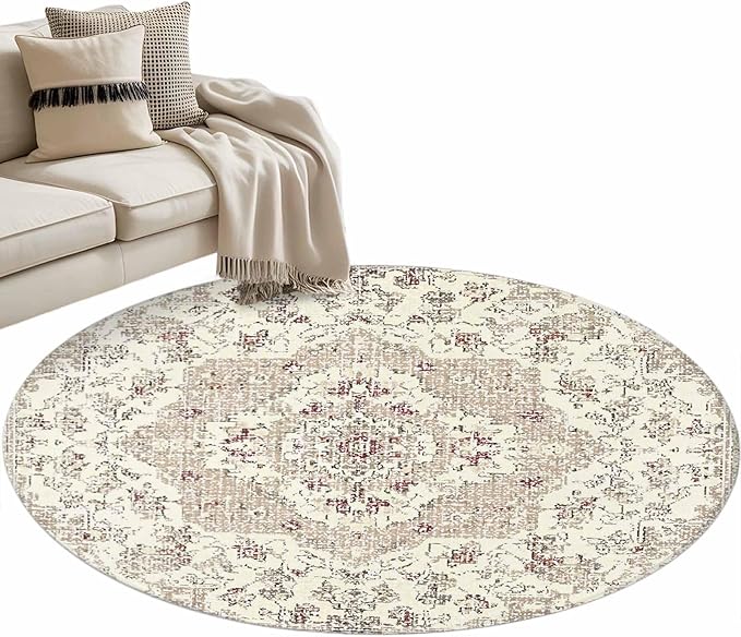 Beige Boho 3.3ft Round Rug, Vintage Ethnic Floral Non-Skid Rubber Backing Large Area Rugs - Living Room Bedroom Home Office, Abstract Art Geometric Indoor Floor Mat Carpets Washable Rug