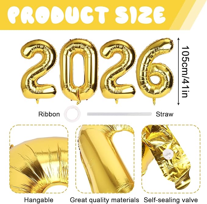 2026 Balloon, 41in Gold 2026 Aluminum Film Balloon with Straw and Ribbon New Years Party Decoration for Graduations Birthday Christmas New Years Eve Party Supplies