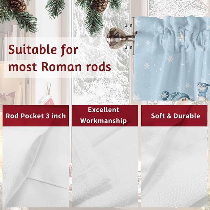 Christmas Snowman Swag Valance Curains Winter Xmas Tree Snowflakes Sky Blue Rod Pocket Kitchen Curtains Scalloped Window Treatment Valances Swag for Living Room Bedroom, 1 Pair, 36"W x 45"L