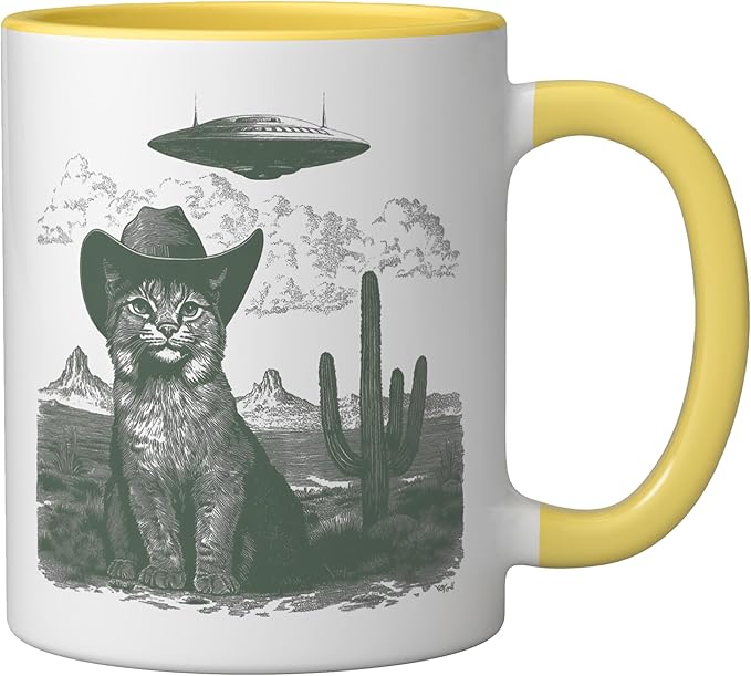 Feline in Hat UFO Sighting Arid Wilderness Cat Design Ceramic Mug, Yellow/White