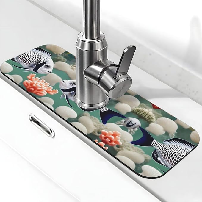 White Tropical Fish Printed Faucet Absorbent mat, Suitable for bathrooms, Kitchens, and Other Sink Areas.