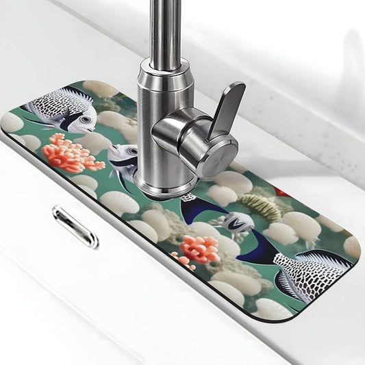 White Tropical Fish Printed Faucet Absorbent mat, Suitable for bathrooms, Kitchens, and Other Sink Areas.