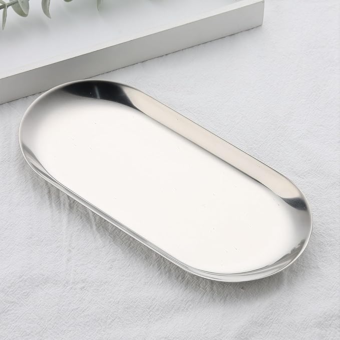 SUTOKAKA Decorative Serving Tray, Manicure Tools Storage Dish, Perfume Jewelry Dinner Placing Plate for Bedroom Kitchen Salon Supplies (Stainless Steel - 2PC, 7.09 * 3.35 * 0.39 Inch)