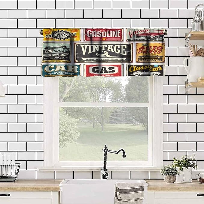 1950s Retro Valances Curtains Vintage Car Signs Automobile Advertising Repair Vehicle Garage Classics Servicing Windows Short Curtain Valance for Kitchen Bedroom with Rod Pocket 1 Panel 54X18 Inches