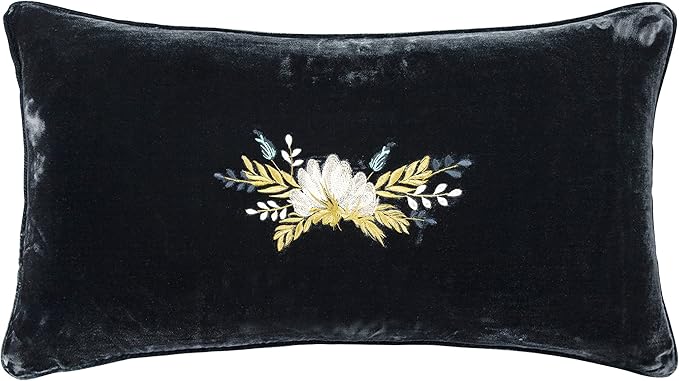 HiEnd Accents Stella Faux Silk Velvet Western Floral Embroidered Lumbar Pillow, 14x24 inch, Midnight Blue, Romantic Western Modern Traditional Style Luxury Bedding, Decorative Throw Pillow