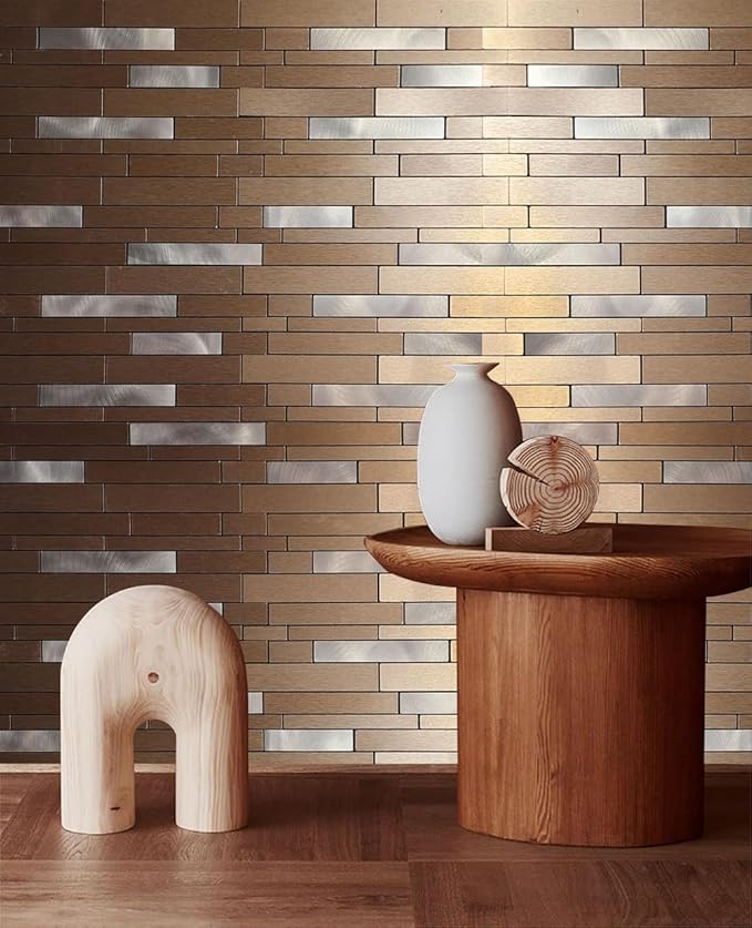 WEIMEISC 10 Sheets Peel and Stick Backsplash Tile for Kitchen, Self-Adhesive Mosaic Tile, Stick on Bathroom Vanities，Fireplace Décor, Laundry Table (Brushed Bronze+Frosted Silver)