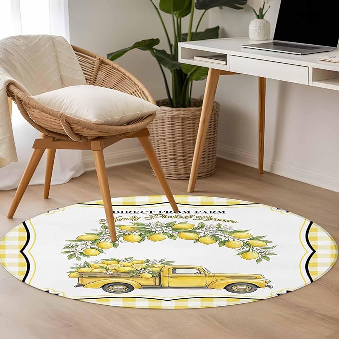 Washable Round Area Rug Farm Yellow Truck Lemon Fruit Circle Rugs Floor Carpet for Living Room Bedroom, Flower Leaves Buffalo Plaid Soft Non Slip Round Rug 3ft