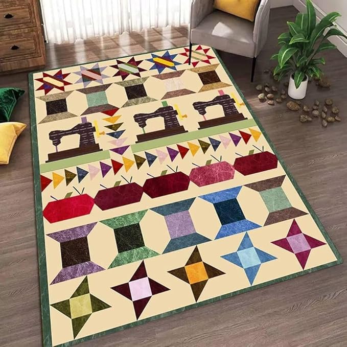 Retro Sewing Machine Themed Area Rug for Hallway Non-Slip Multicolor Geometric Elements Patchwork Rugs Couch Decor Fun Fashion Sewing Equipment Accessories Carpet Mats 2'x3'