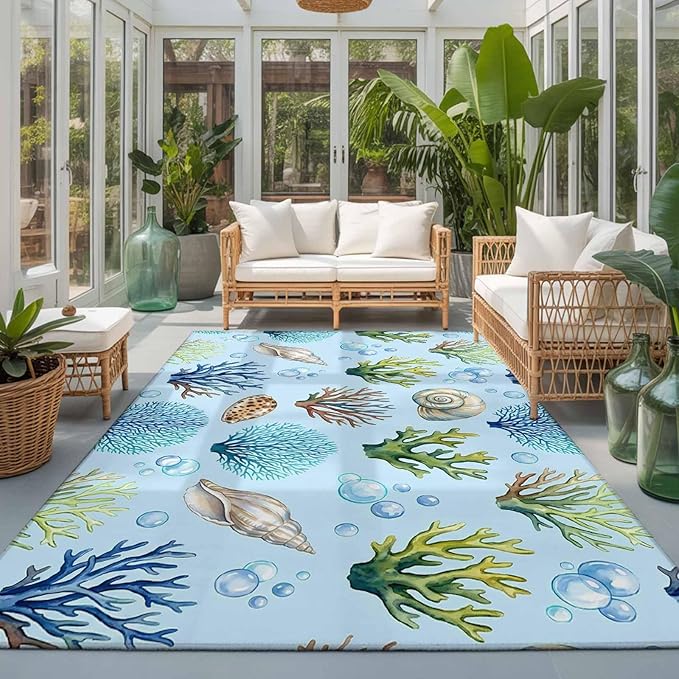 Area Rug 3x5ft, Coastal Shell Coral Bubble Washable Rugs for Living Room Bedroom, Nautical Ocean Blue Underwater Scene Soft Non-Slip Area Rugs Rectangle Floor Carpet for Dining Room
