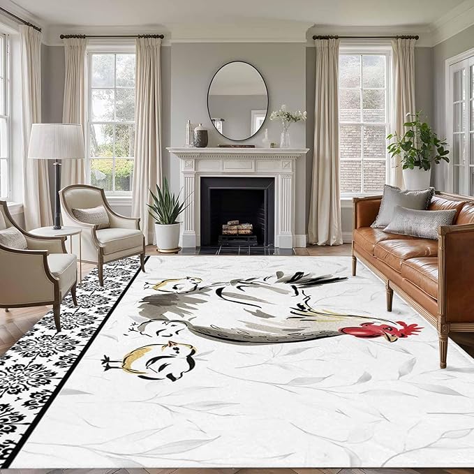 Area Rug 6x9ft, Country Farmhouse Rooster Washable Rugs for Living Room Bedroom, Watercolor Animal Flower Pattern Soft Non-Slip Area Rugs Rectangle Floor Carpet for Dining Room