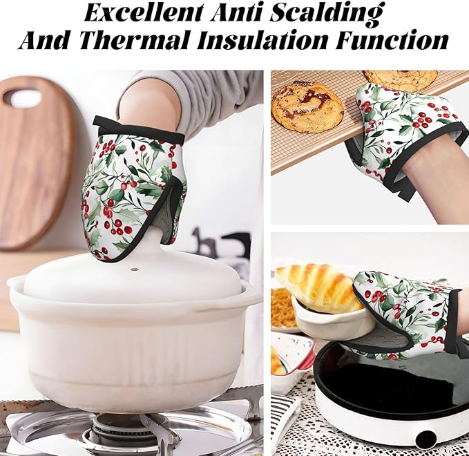 1 Pcs Mini Silicone Oven Mitts Watercolor Holly Berry Heat Resistant Grilling Gloves with Hanging Loop, Merry Christmas Short Kitchen Mittens for Cooking Baking BBQ